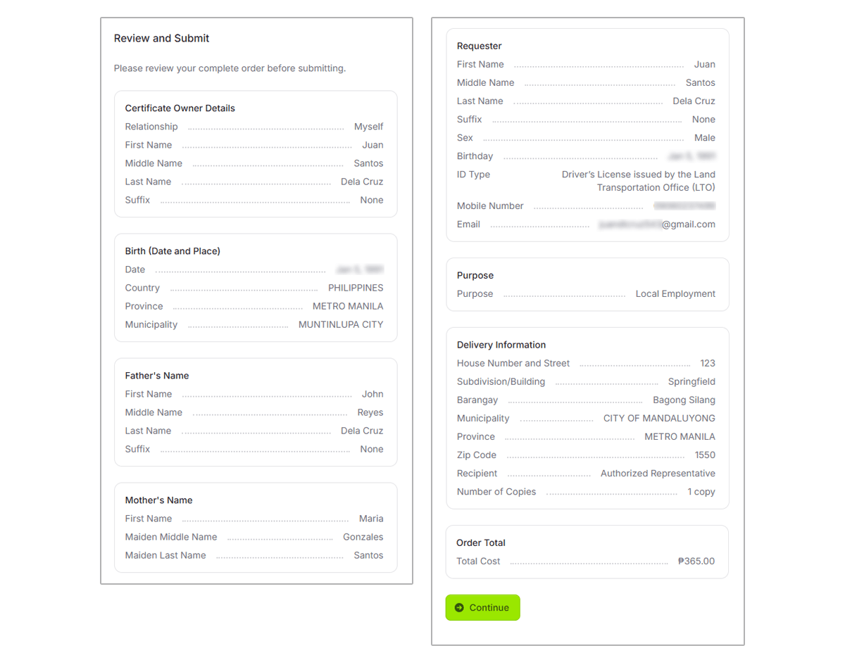 An online form showing the review of certificate owner details, delivery information, and order total before completing the online request.